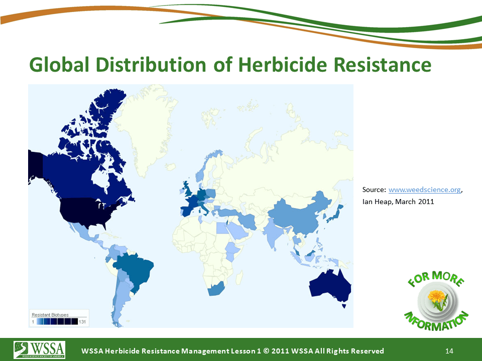 WSSA Lesson1 Slide14 - Current Status of Herbicide Resistance in Weeds