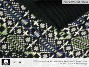 Fabricast 2022 Pattern FK-1104 100% cotton float jacquard sweater knit with linked collar
TOUGH COTTON™ technology
