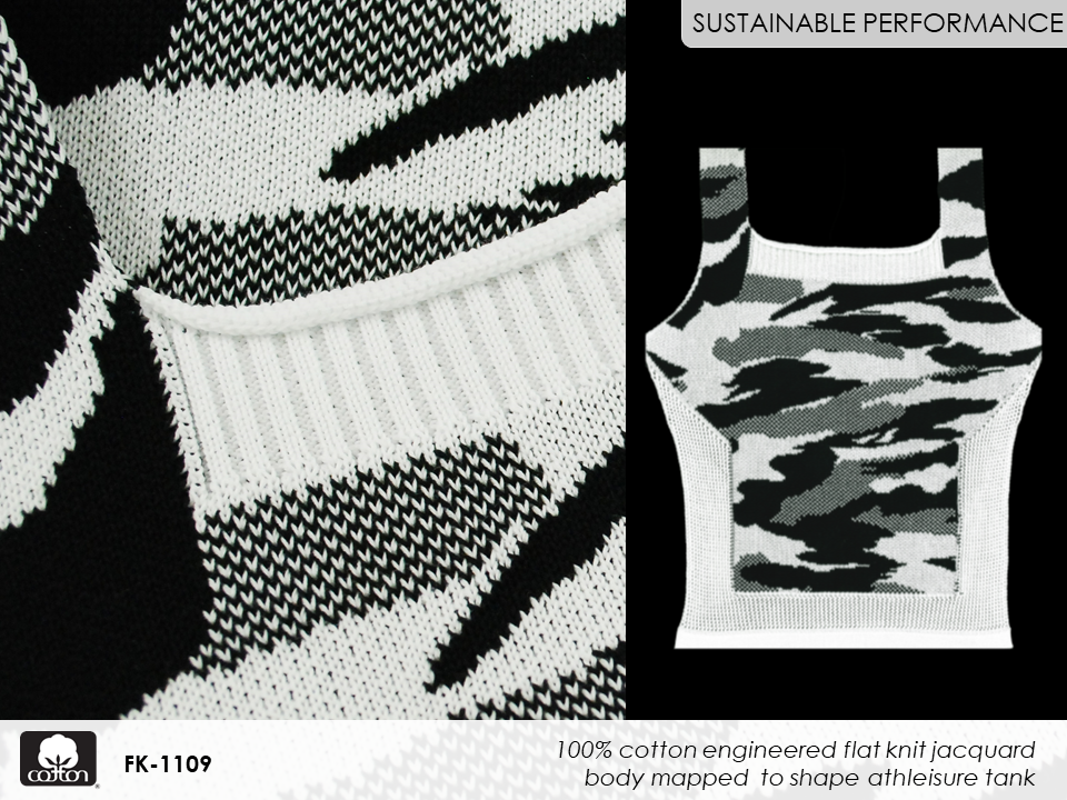 Fabricast-2022-Patterns-14-FK-1109 100% cotton engineered flat knit jacquard
body mapped to shape athleisure tank
