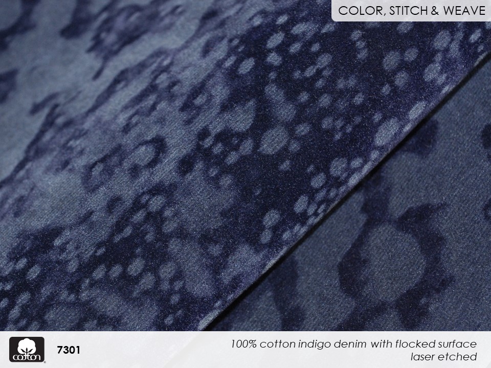 FABRICAST 2022-slides-7301 100% cotton indigo denim with flocked surface
laser etched
