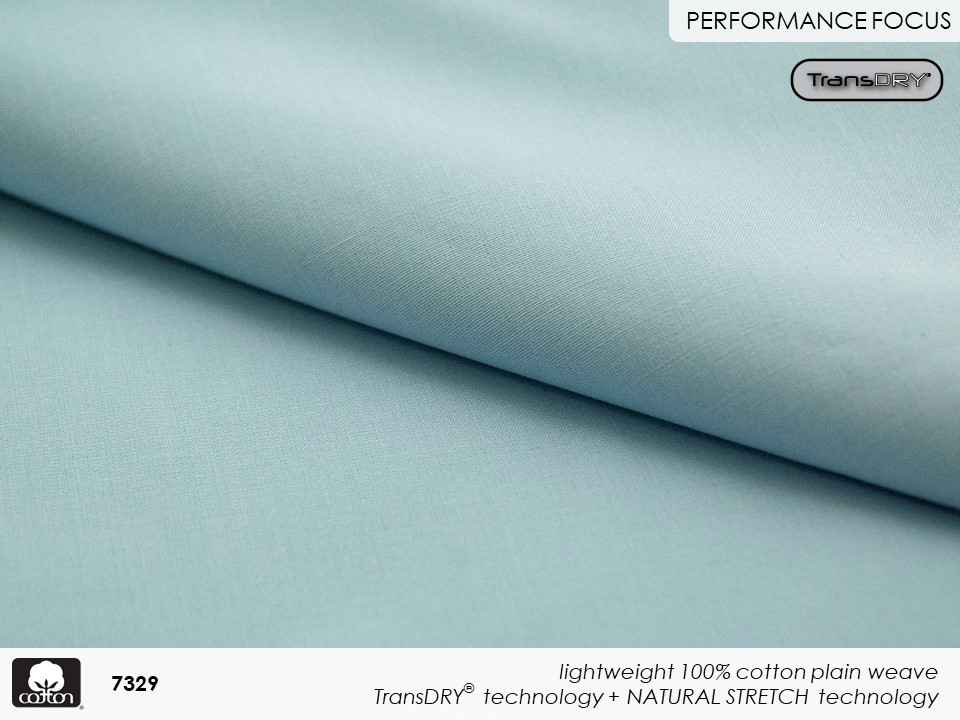 Fabricast-2022-slides-7329 lightweight 100% cotton plain weave
TransDRY® technology + NATURAL STRETCH technology 

