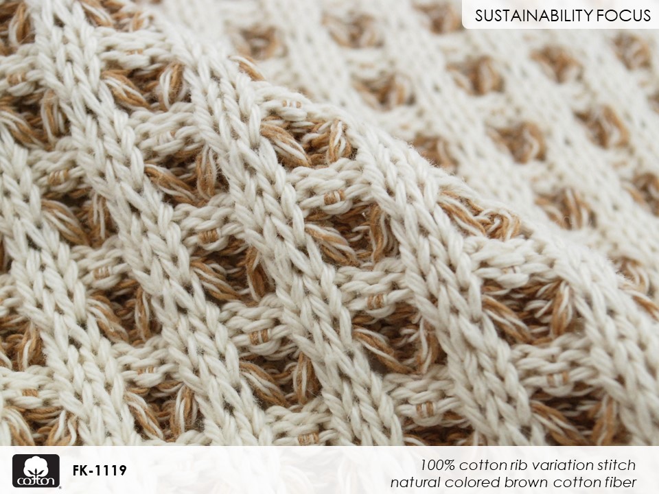 Fabricast-2022-slides-FK-1119 100% cotton rib variation stitch 
natural colored brown cotton fiber
