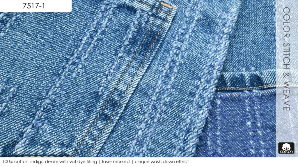 100% cotton  indigo denim with vat dye filling | laser marked | unique wash down effect
