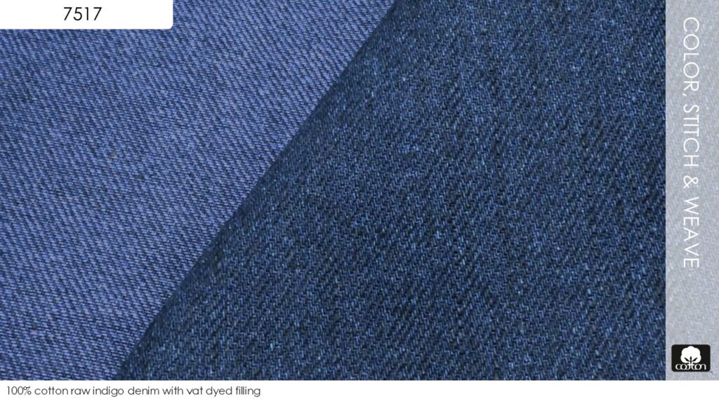 100% cotton raw indigo denim with vat dyed filling  
