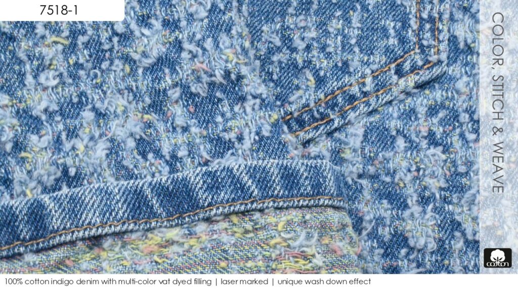 100% cotton indigo denim with multi-color vat dyed filling | laser marked | unique wash down effect
