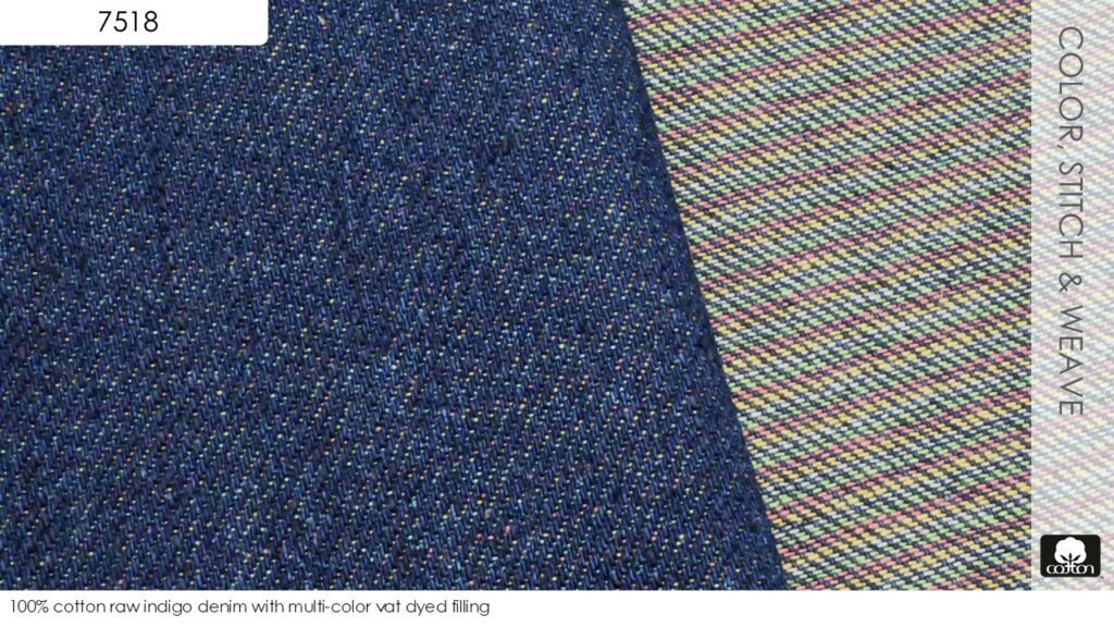 100% cotton raw indigo denim with multi-color vat dyed filling  

