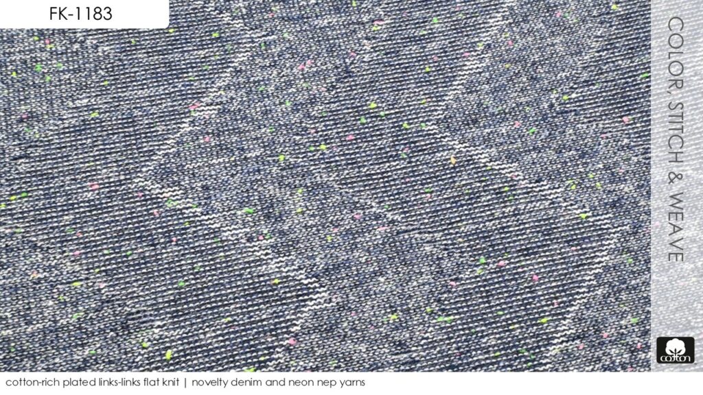 cotton-rich plated links-links flat knit | novelty denim and neon nep yarns 

