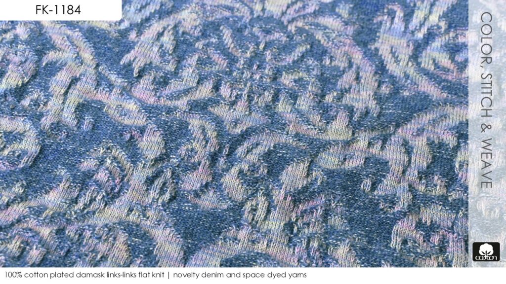 100% cotton plated damask links-links flat knit | novelty denim and space dyed yarns 
