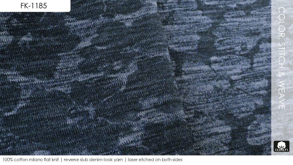 100% cotton milano flat knit | reverse slub denim-look yarn | laser etched on both sides
