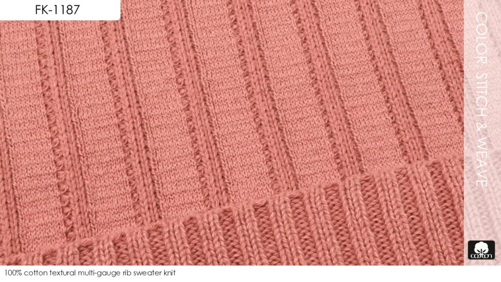 100% cotton textural multi-gauge rib sweater knit 

