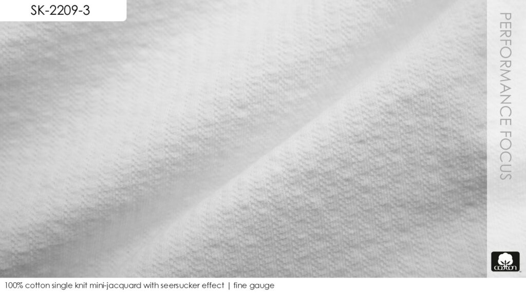 100% cotton single knit mini-jacquard with seersucker effect | fine gauge
