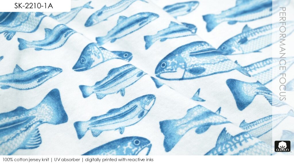 100% cotton jersey knit | UV absorber | digitally printed with reactive inks
