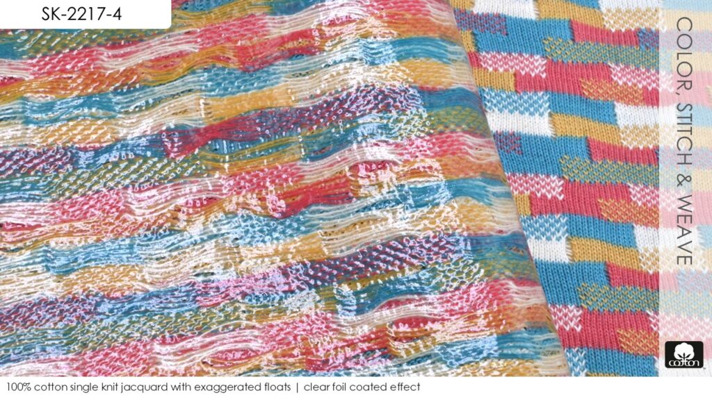 100% cotton single knit jacquard with exaggerated floats | clear foil coated effect  
