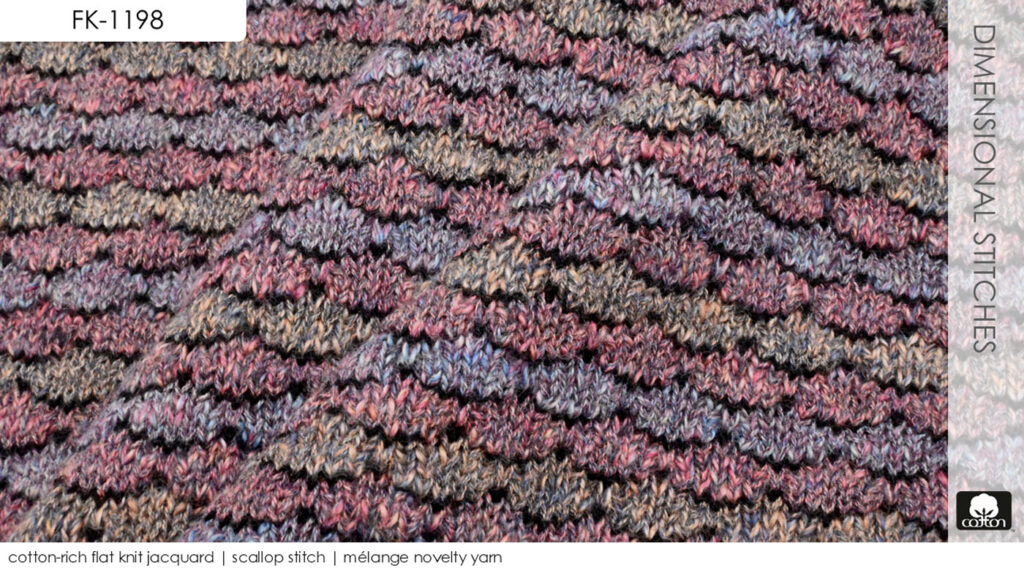 cotton-rich flat knit jacquard | scallop stitch | mélange novelty yarn
