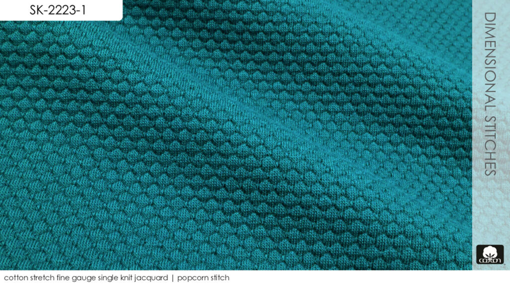 100% cotton fine gauge single knit jacquard | popcorn stitch | garment wash down effect
