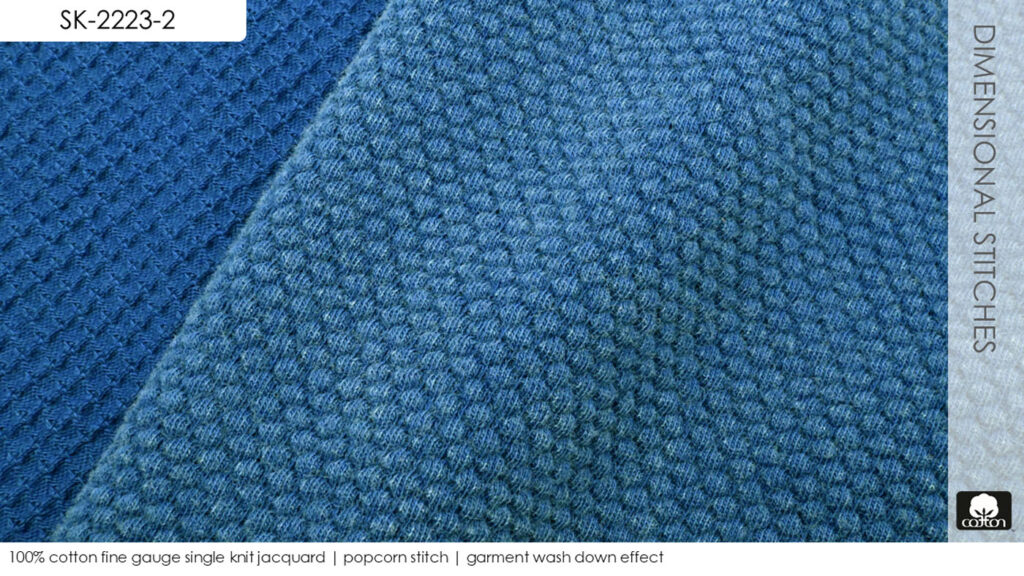 100% cotton fine gauge single knit jacquard | popcorn stitch | garment wash down effect
