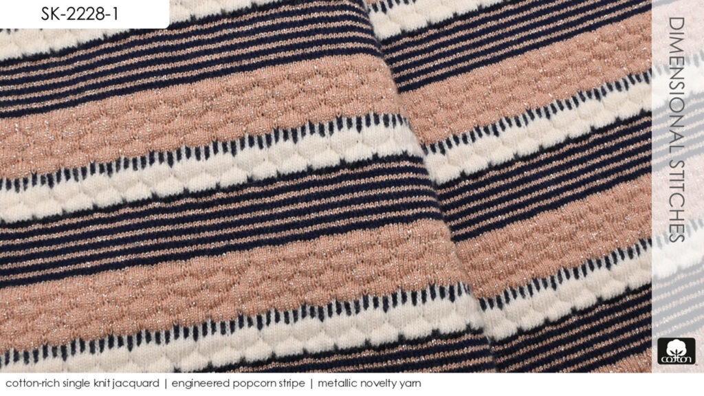 cotton-rich single knit jacquard | engineered popcorn stripe | metallic novelty yarn
