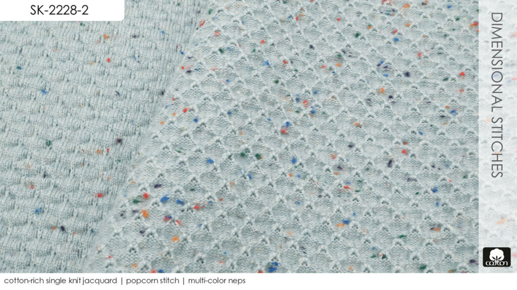 cotton-rich single knit jacquard | popcorn stitch | multi-color neps 
